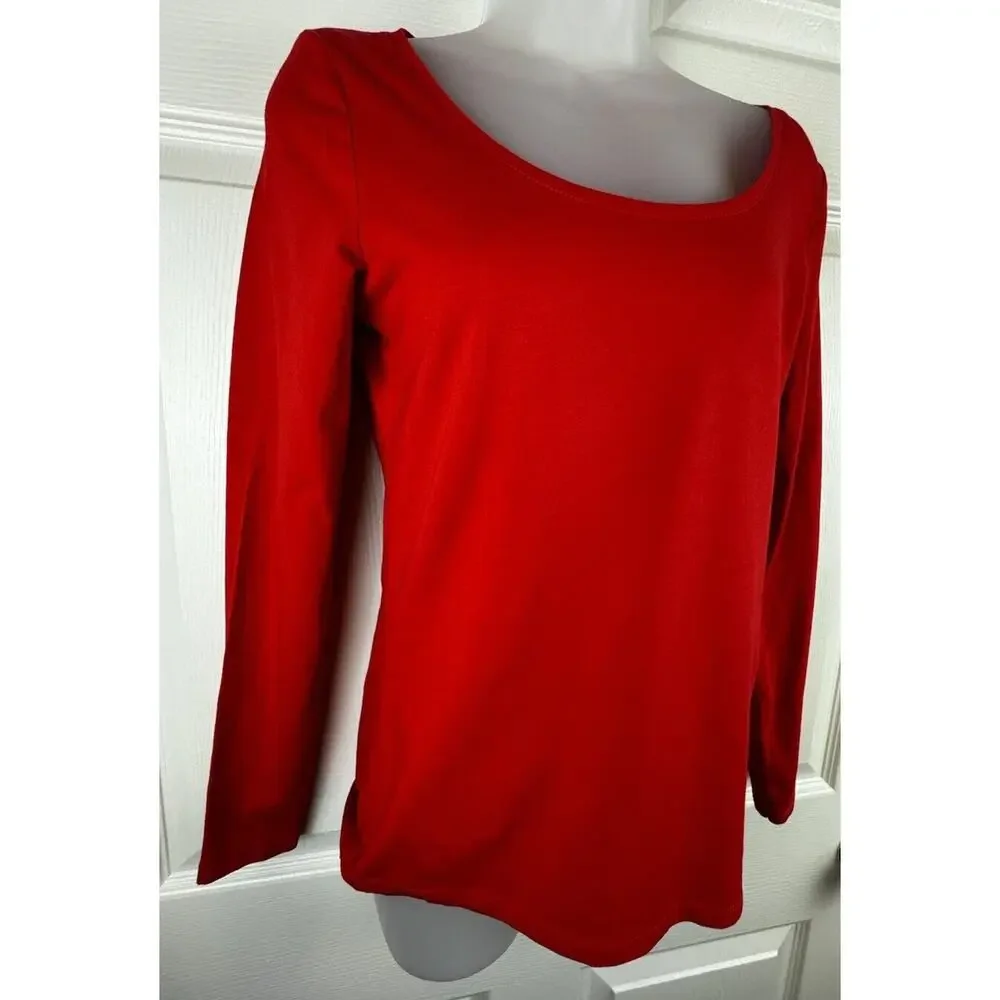 H&M Scooped Neck Top Long Sleeves Red M Casual Minimalist 50-08 - Picture 2 of 15